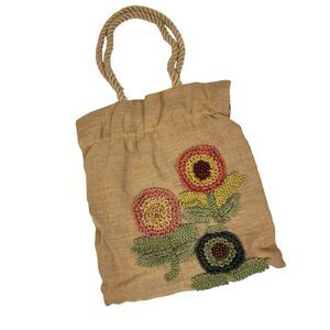 J Crew VTG Jute Bag Flower Detail Y2K Cottagecore Boho Earthy Natural Tan